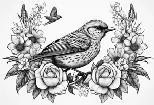Robbin bird highly detailed and surrounded by flowers tattoo idea