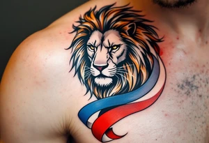 A stylized Czech lion with a flowing blue, red, and white ribbon wrapped around its body, symbolizing national unity. tattoo idea