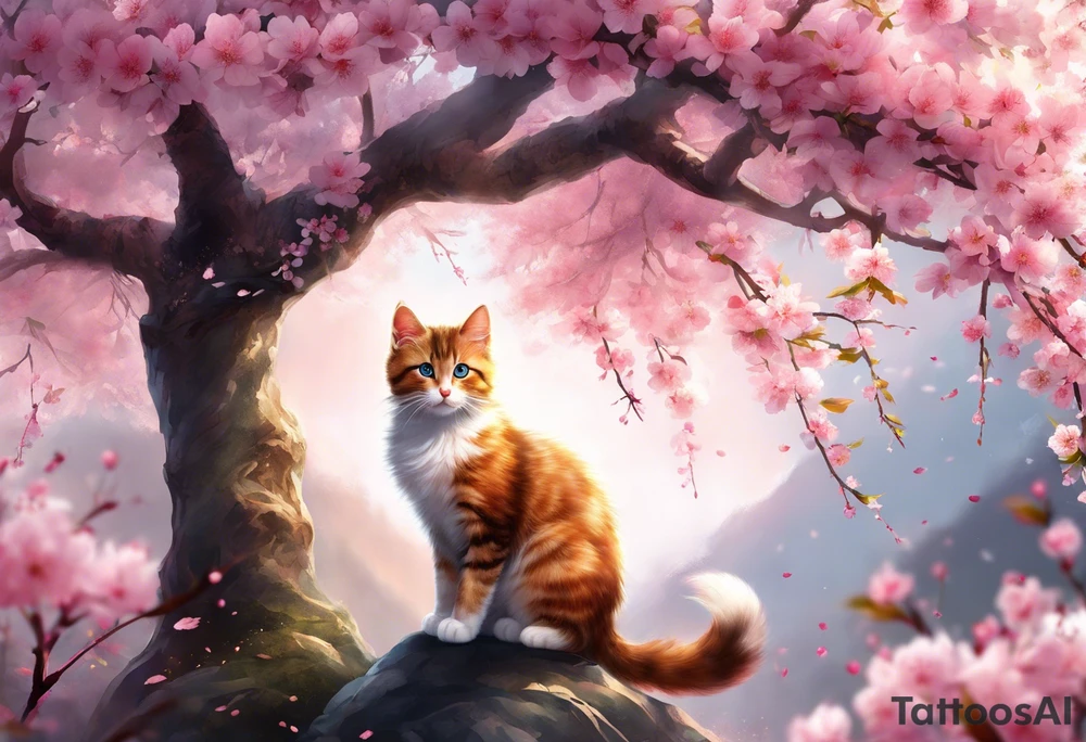 Generate a design to tatto on my biceps where a graceful pink cherry blossom tree extends vertically, occupying the full height of 15cm, with delicate blossoms scattered along its slender branches coloured with a watercolor effect. Nestled among the branches, a small, playful kitten is perched, gazing curiously outward. The kitten's fur can have intricate details, highlighting its softness and playfulness. Surrounding the kitten and the tree, some petals could be gently falling, adding a dynamic and serene feel to the design. This vertical composition would elegantly fit your biceps, creating a charming and feminine piece of art. tattoo idea