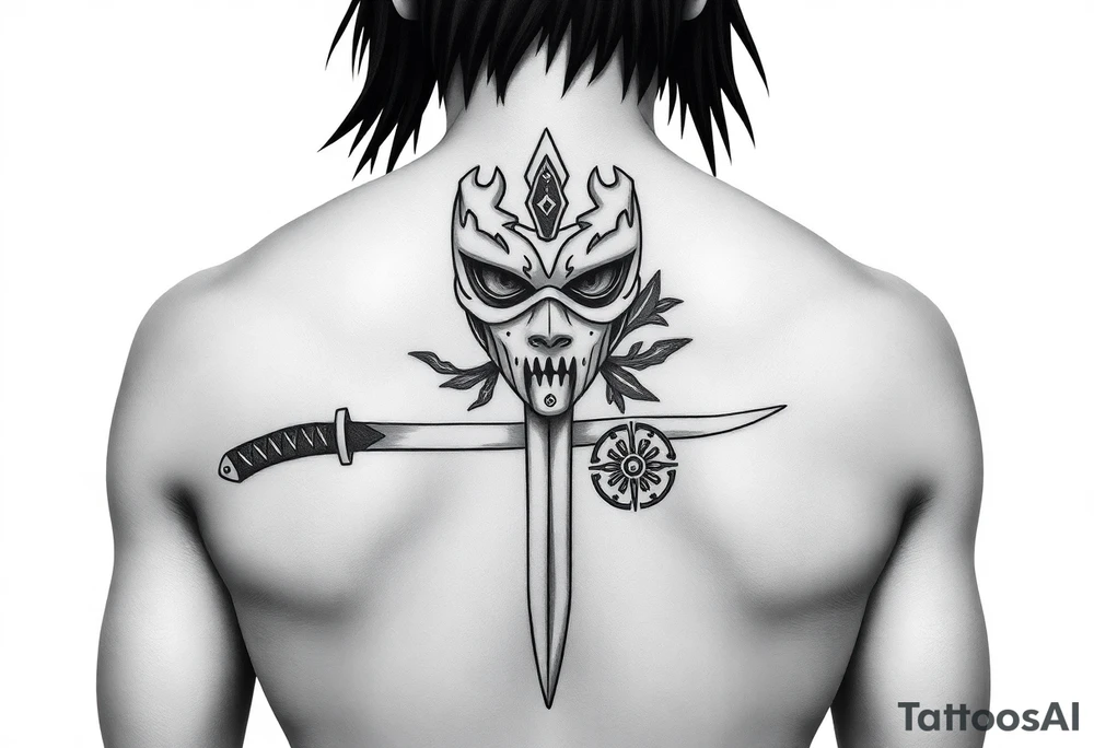 itachi from Naruto in a kunai with his anbu mask and uchiha crest tattoo idea