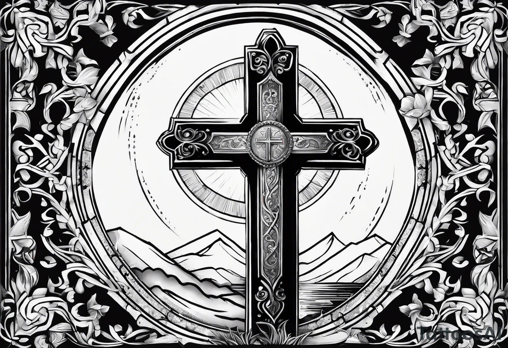 Tomb with cross and sun in the background tattoo idea