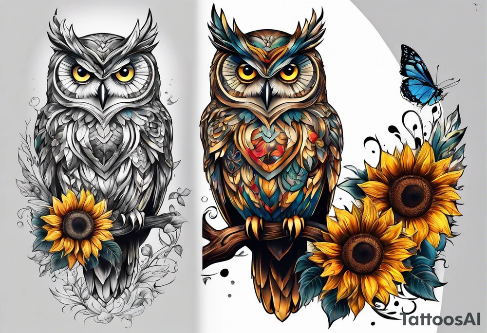 Sleeve with an owl, sunflower and butterfly tattoo idea