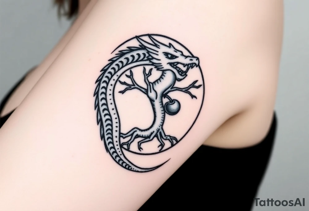 a dragon forming a circle with its body.  the dragon encircles the tree of life.   the tree of life has fruit  and the dragon is eating the fruit. the roots of the tree are strangling the tail of the dragon tattoo idea