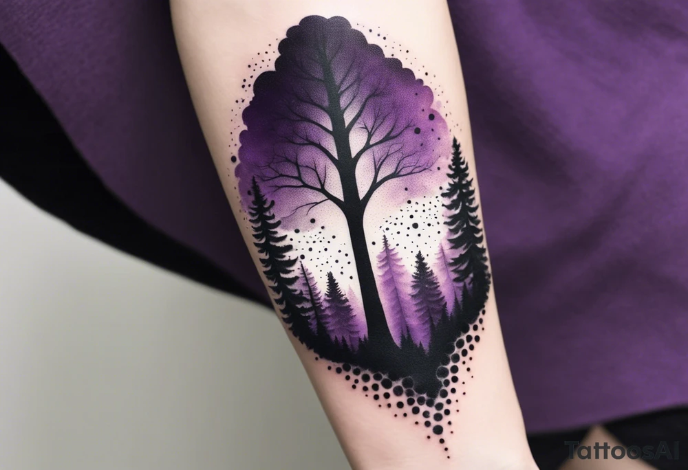 forest, abstract, on hand, no people, purple and black, full, whole wrist wrapped tattoo idea