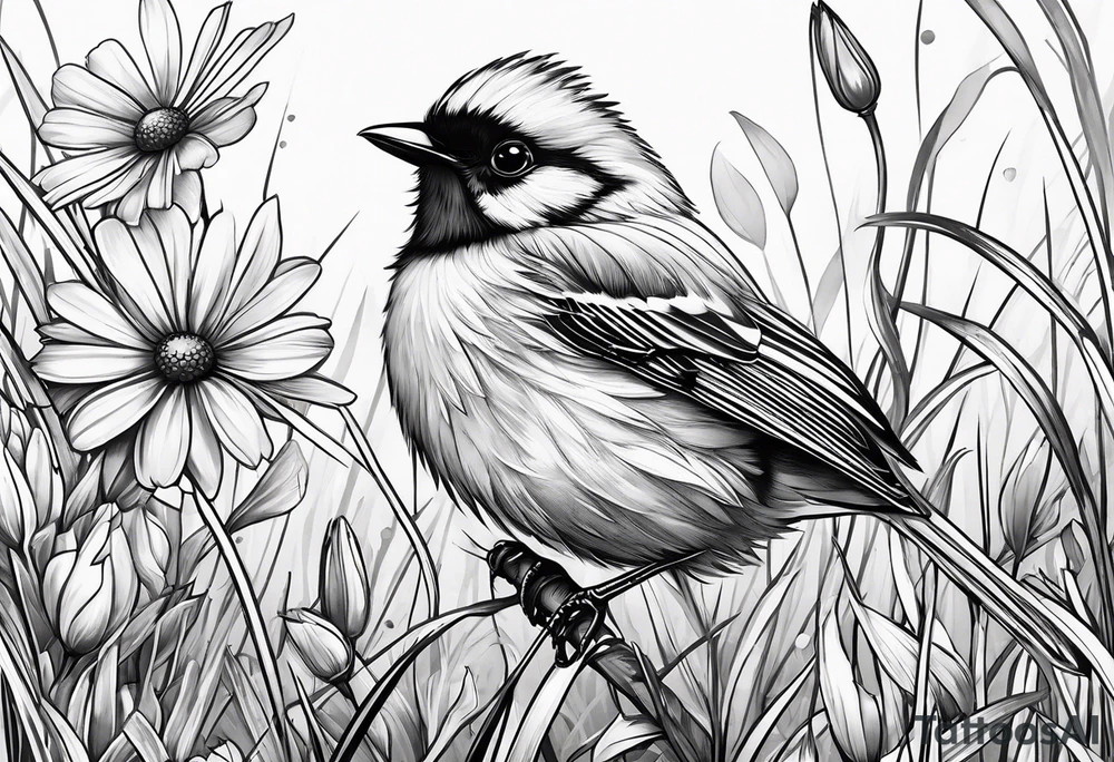 Small bird perched in grass with a daisy tattoo idea