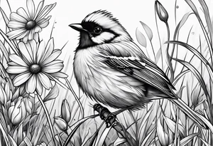 Small bird perched in grass with a daisy tattoo idea