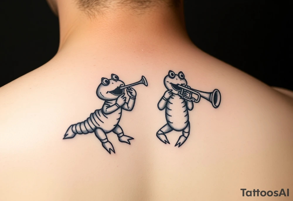 Two cartoon crayfish playing music together with trombone and trumpet tattoo idea