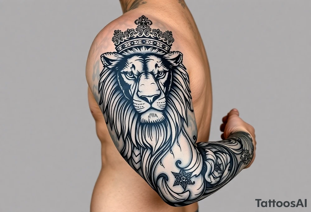 majestic lion wearing ornate crown, surrounded by baroque flourishes tattoo idea