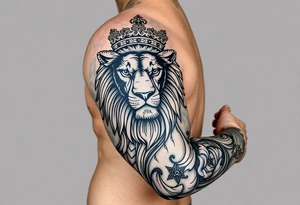 majestic lion wearing ornate crown, surrounded by baroque flourishes tattoo idea