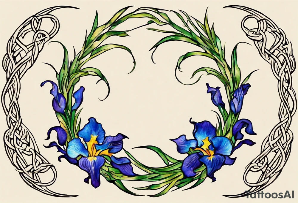 Create a small, colorful Vincent van Gogh Irises tattoo in the form of a crescent, with vines in Celtic knot style gracefully intertwining at a central point in the middle of the wreath. The intended placement is on the upper chest. The middle needs mountains. The overall design should be small in size while maintaining a delicate and artistic aesthetic. Pay attention to the graceful flow of the vines and the placement of the irises to achieve a refined and elegant look. tattoo idea