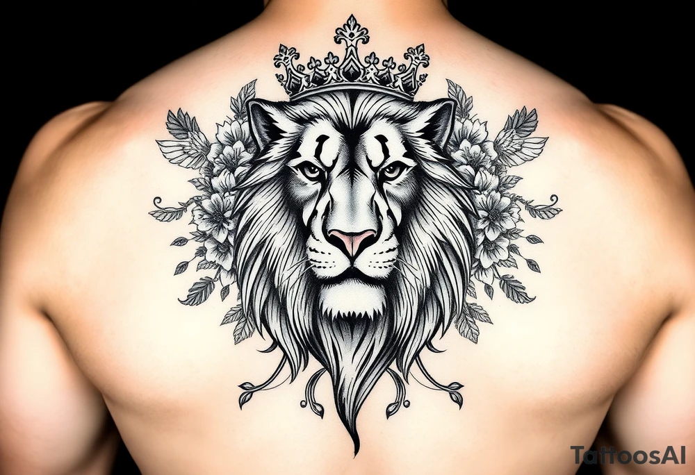 powerful majestic lion with a crown, surrounded by floral ornaments and birds tattoo idea