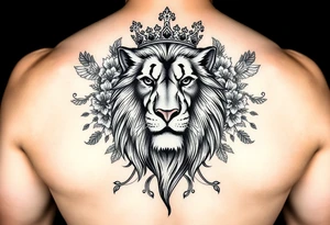 powerful majestic lion with a crown, surrounded by floral ornaments and birds tattoo idea
