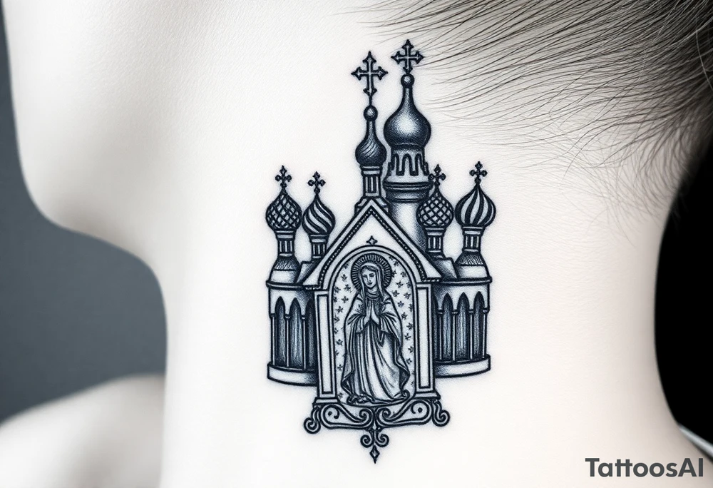 medium traditional russian orthodox church with russian coat arms and virgin mary tattoo idea
