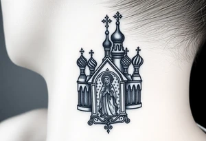 medium traditional russian orthodox church with russian coat arms and virgin mary tattoo idea