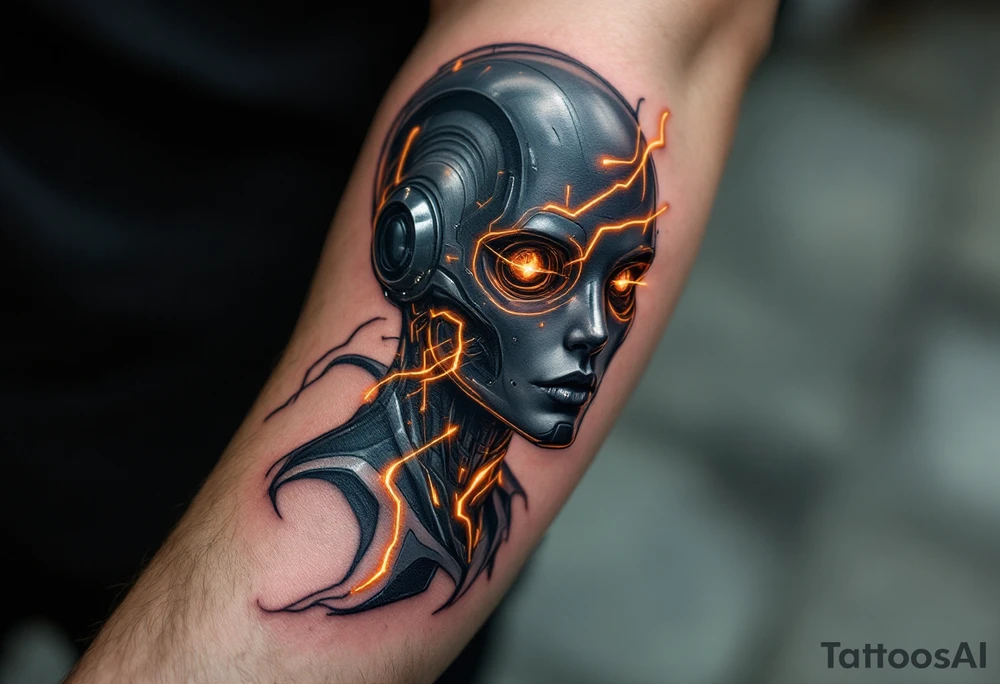 A half-human, half-android full arm design in glossy gunmetal, lit from within by soft amber light trails tattoo idea