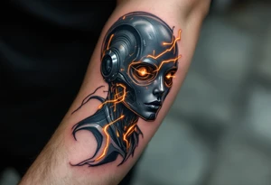 A half-human, half-android full arm design in glossy gunmetal, lit from within by soft amber light trails tattoo idea
