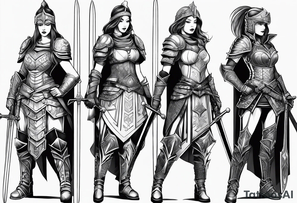 3 female warriors in full body armor wielding swords tattoo idea