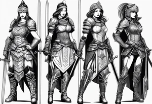 3 female warriors in full body armor wielding swords tattoo idea
