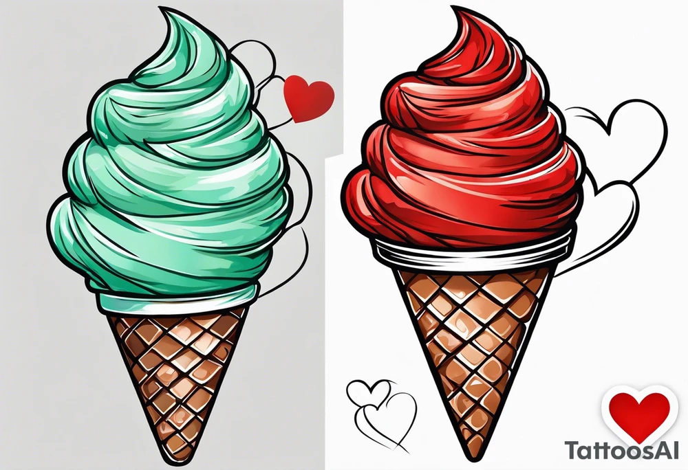 simple mint chocolate chip ice cream cone with small red heart on it somewhere. tattoo idea