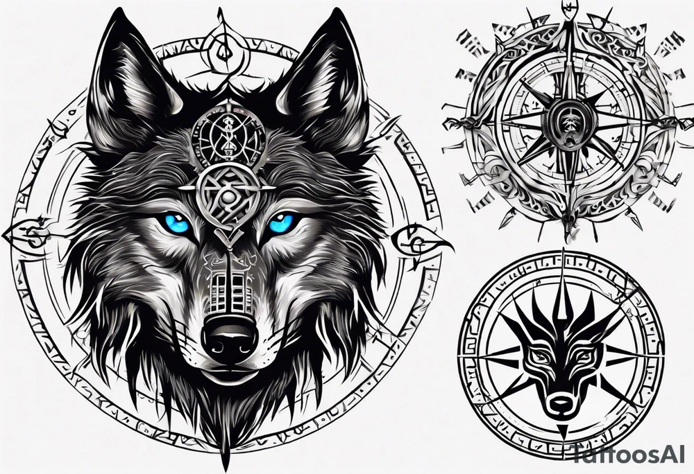 Black wolf with blue eyes with Viking Vegvísir compass on its forehead tattoo idea