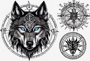 Black wolf with blue eyes with Viking Vegvísir compass on its forehead tattoo idea