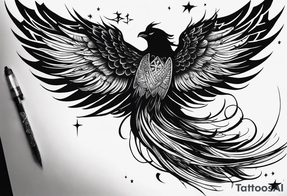 A full sleeve tattoo on ym rights arm 
showing A large phoenix over my shoulder  A person/angel flying through a starry night sky, Some witches or salem witch trial type imagery  a blacked out silhouette from a picture of my band after a show tattoo idea