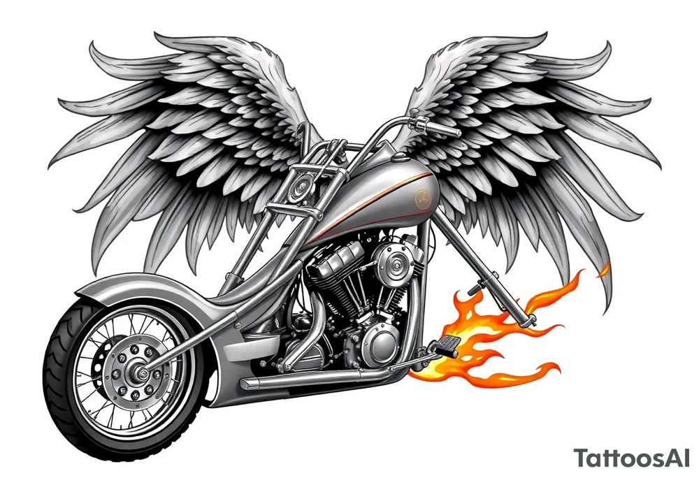 Low rider grey motorcycle, flames, angel wings tattoo idea
