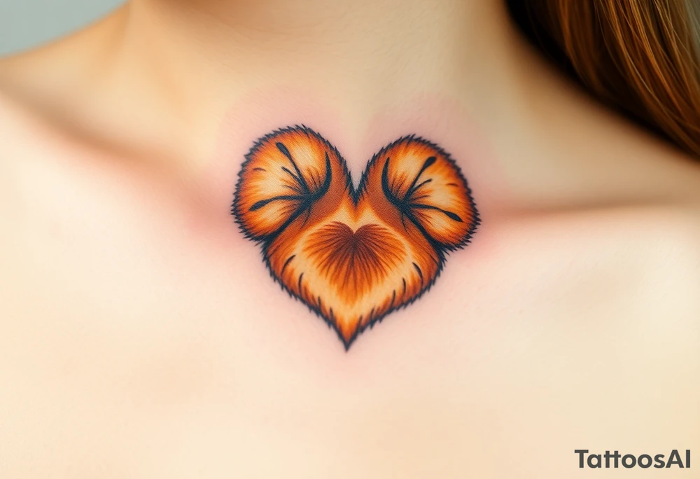 A hyper-realistic dog paw forming a heart, with fine fur details and warm shades of golden brown, caramel, and soft beige for a lifelike effect tattoo idea