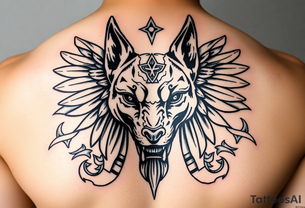 Egyptian Anubis god powerful face muscle in Egypt style dog face surrounded Egyptian symbols tattoo idea