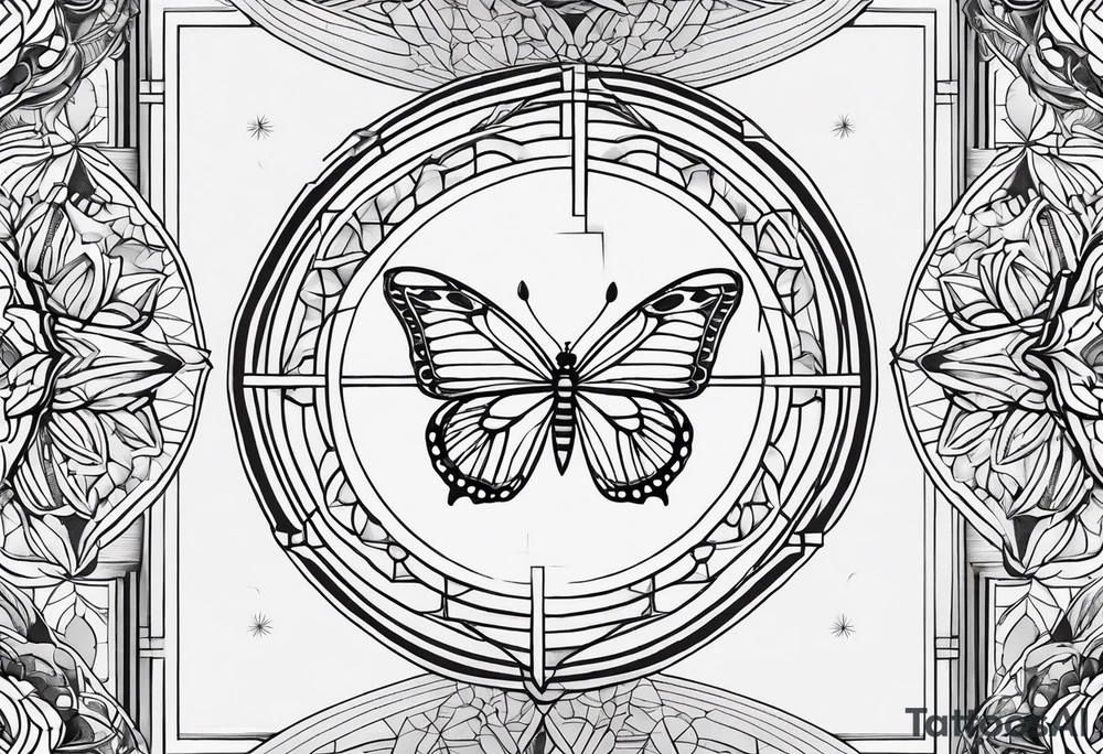 Black and white outline of sacred geometric shapes including fading flower of life into butterfly tattoo idea