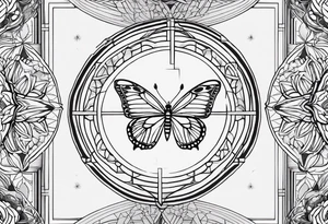 Black and white outline of sacred geometric shapes including fading flower of life into butterfly tattoo idea