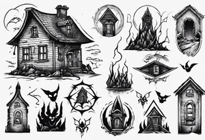 Create a tattoo design featuring a small house. Include a black demonic figure lifting the roof, peering out into the surroundings with an ominous presence. tattoo idea