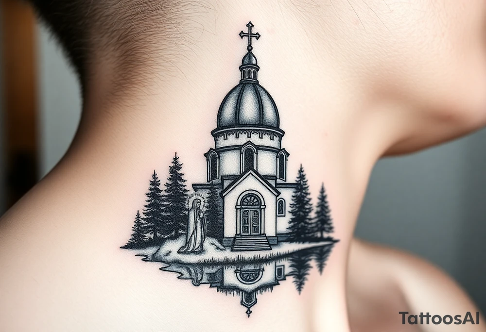 medium sized russian orthodox dome church with a separated virgin mary praying beside a lake and pine trees on the sized of my neck tattoo idea