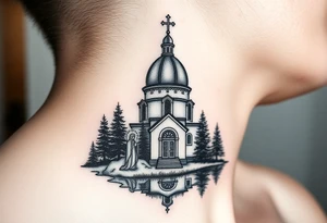 medium sized russian orthodox dome church with a separated virgin mary praying beside a lake and pine trees on the sized of my neck tattoo idea