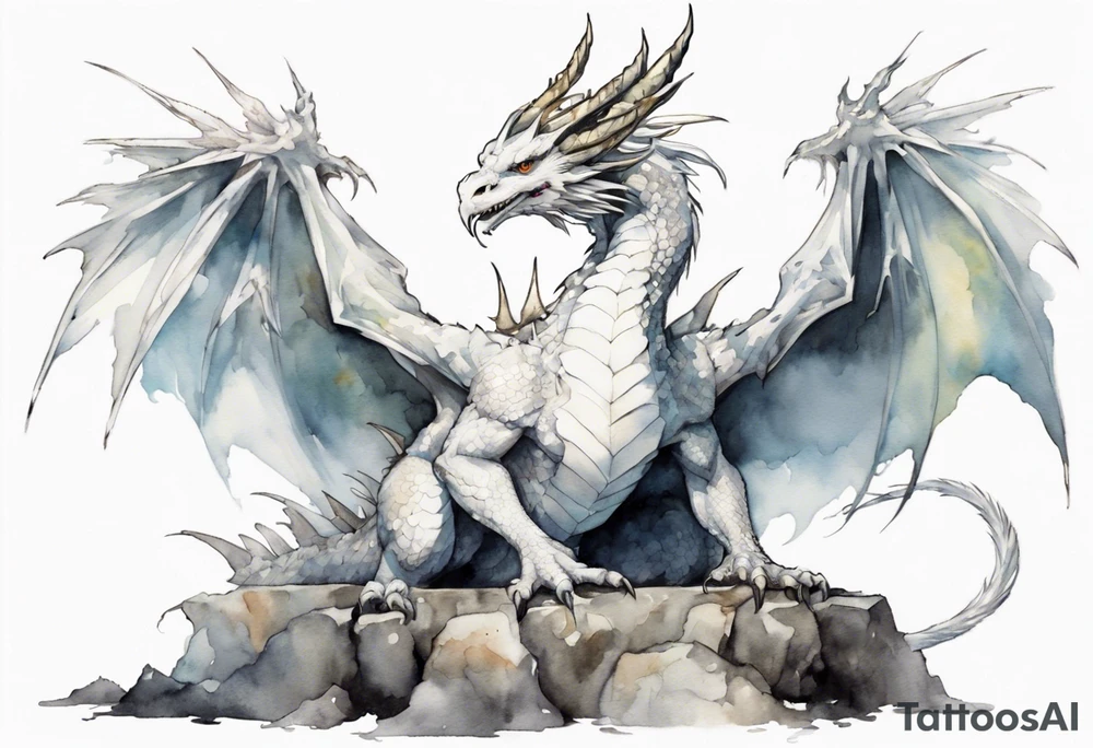 a white bird-dragon hybrid wearing a plain iron diadem, standing on a stone throne tattoo idea