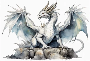 a white bird-dragon hybrid wearing a plain iron diadem, standing on a stone throne tattoo idea