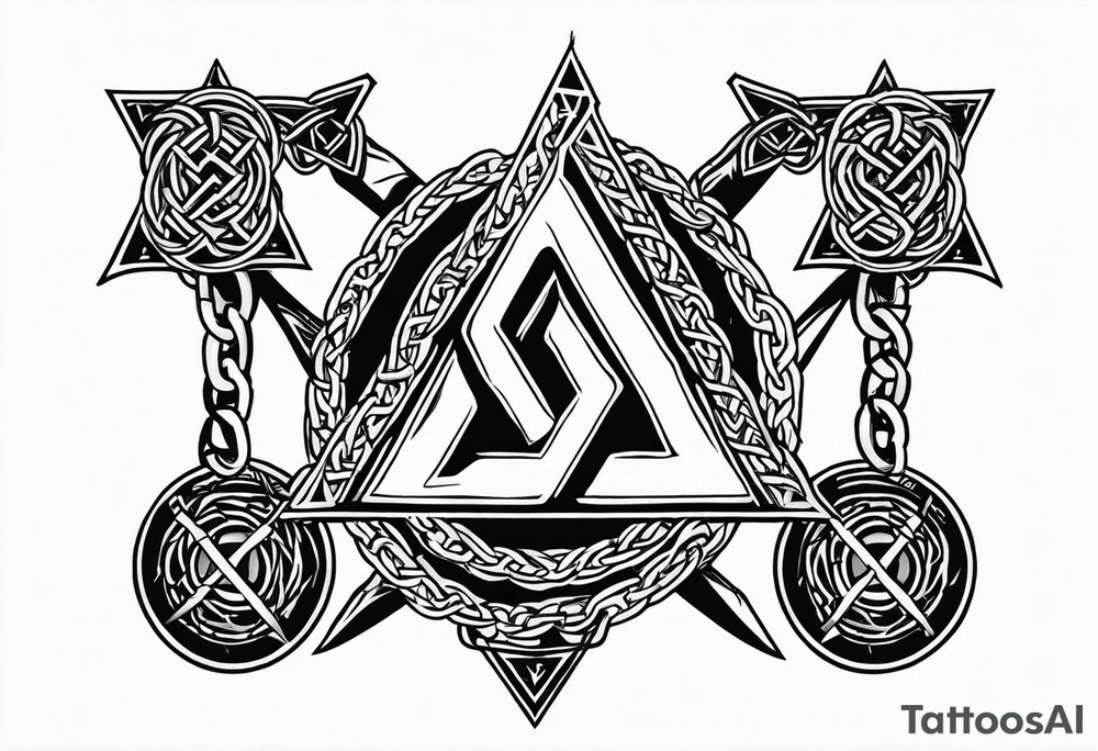 Valhalla sword shield axe barbed wire chains valknut tattoo idea