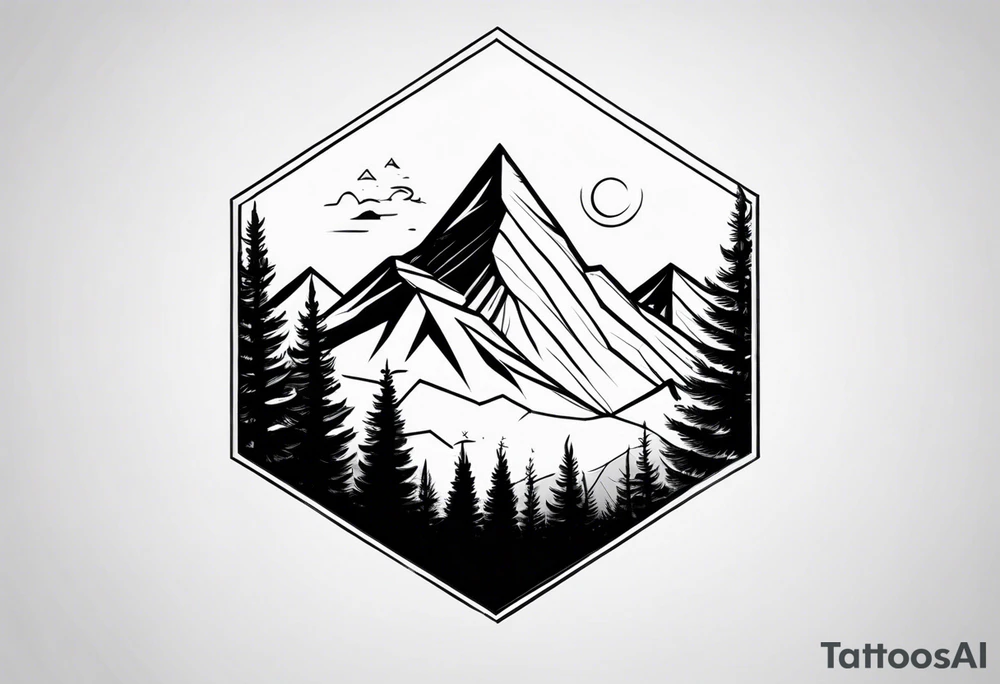 mountain with trees in an hexagon tattoo idea