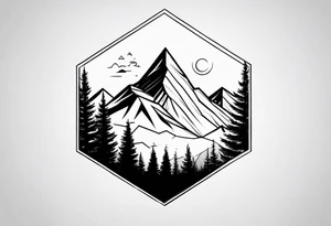 mountain with trees in an hexagon tattoo idea