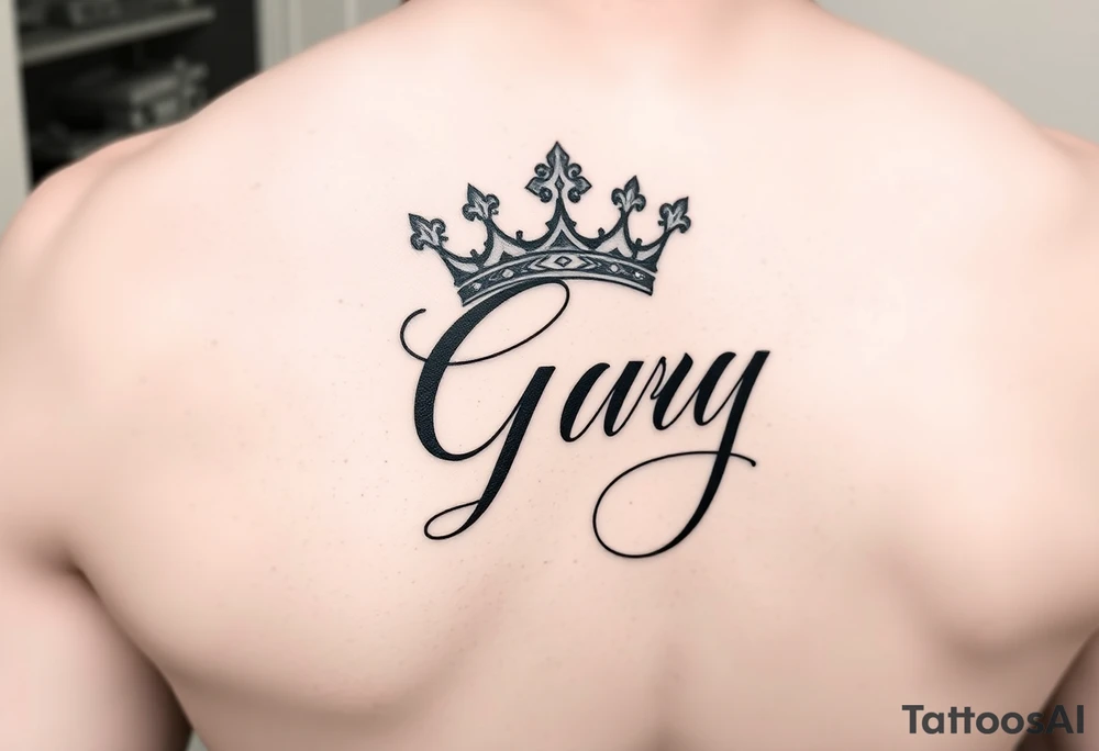 Capital G in handwritten script with a crown tilted to the left on the front right shoulder tattoo idea