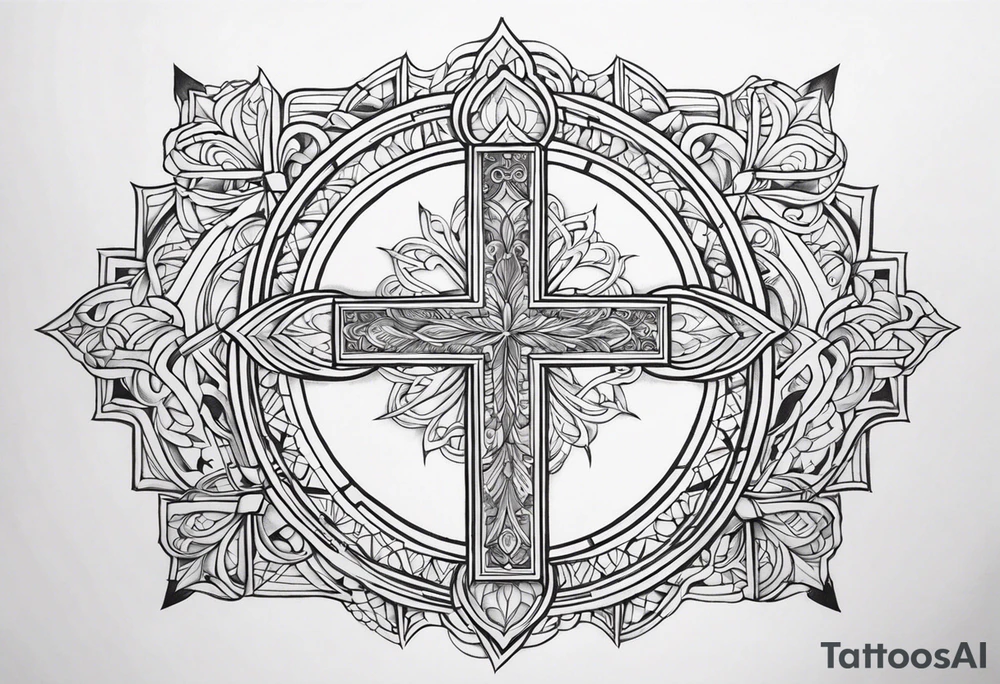 symmetrical, chest tattoo, include a christian cross, add biblical scripture text in the background tattoo idea