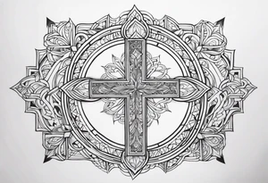 symmetrical, chest tattoo, include a christian cross, add biblical scripture text in the background tattoo idea