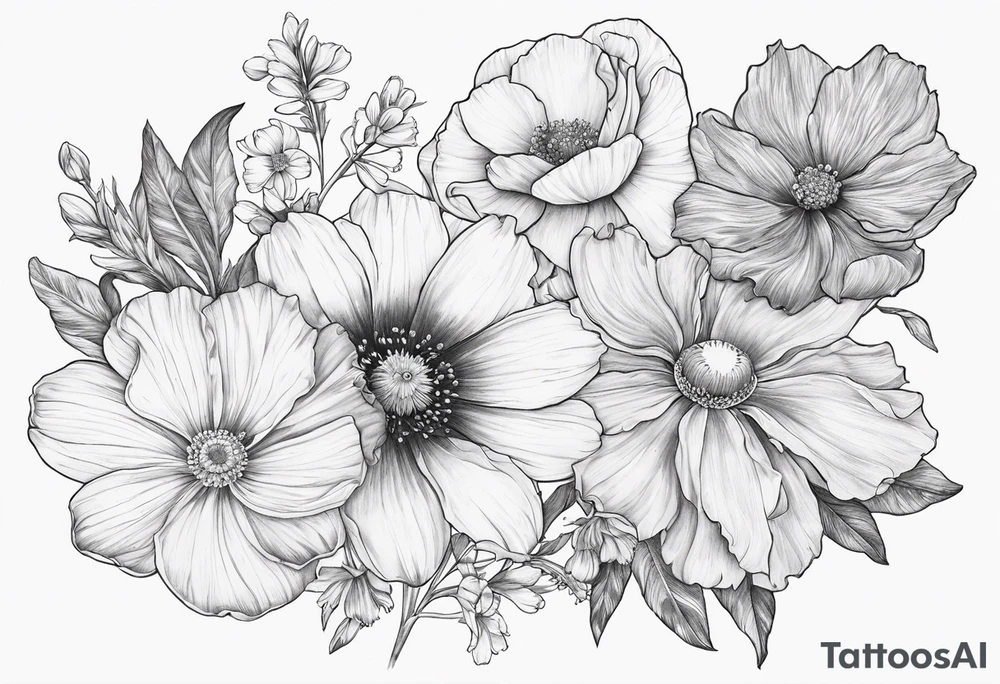 1 cosmos flower, 1 iris, 1 larkspur, 1 daisy, 1 poppy tattoo idea