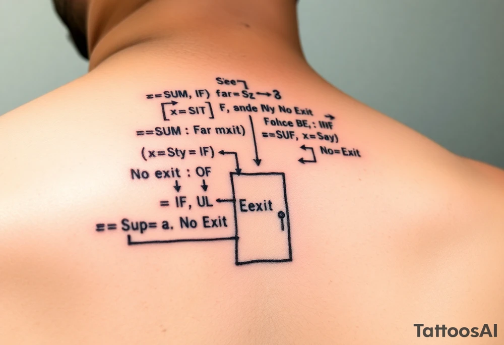 "Rat maze tattoo made of Excel formulas (=SUM, =IF). Exit door says 'No Exit' in Calibri font. Black ink, schematic style." tattoo idea
