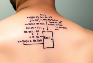 "Rat maze tattoo made of Excel formulas (=SUM, =IF). Exit door says 'No Exit' in Calibri font. Black ink, schematic style." tattoo idea