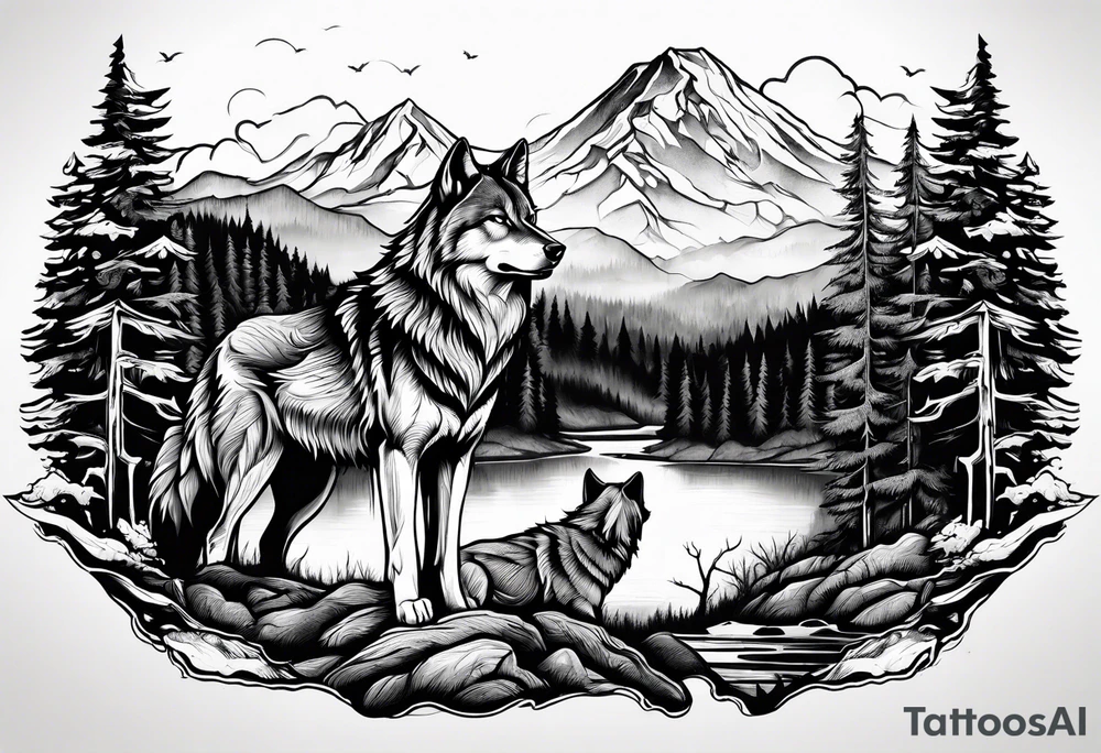 wolf mountain forest tattoo idea