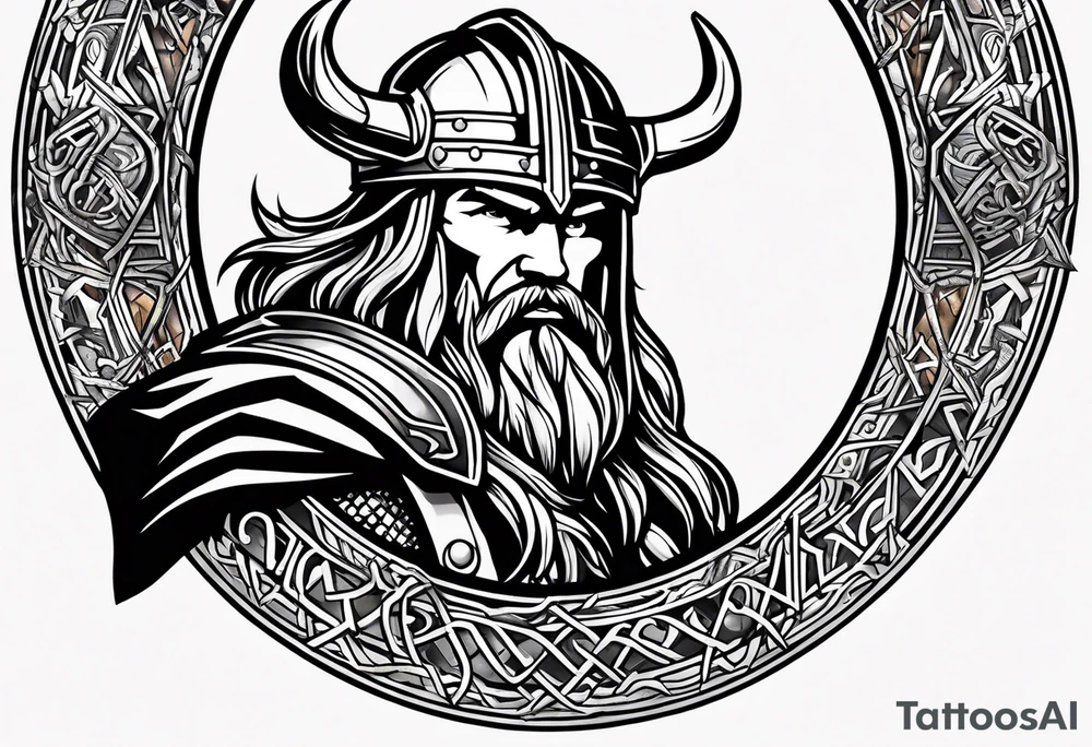 Thor with viking runes in the background as a vignette tattoo idea