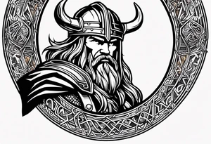 Thor with viking runes in the background as a vignette tattoo idea