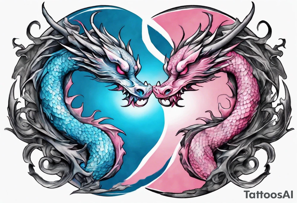 ying yang two dragon stones blue & pink tattoo idea