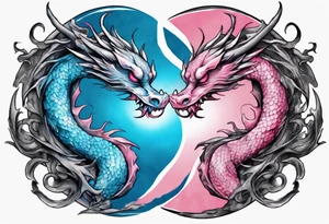 ying yang two dragon stones blue & pink tattoo idea